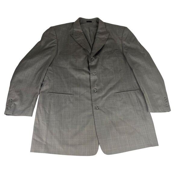 Falcone Plaid Suit Coat Jacket Men's Sz 48R Gray Button Up Pockets Shoulder Pads